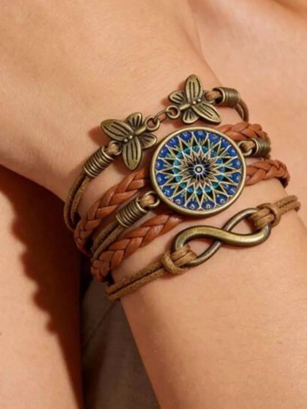 Boho Brown Leather Multi-Strand Bracelet with Blue Mandala Accent